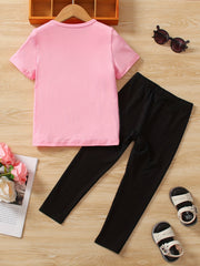 Girls Cat Print Short Sleeve Tee & Pants Set