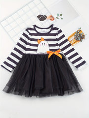 Toddler Girls Halloween Tutu Dress Ghost & Striped Print With Bowknot