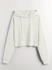 Solid Drawstring Crop Hoodie Long Sleeve Sweatshirt Women's Clothing