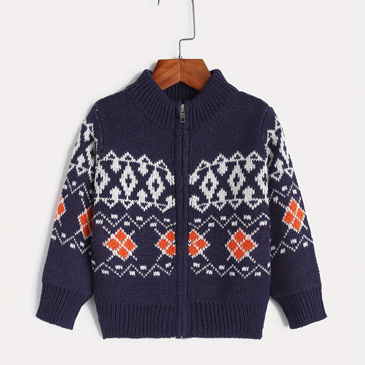Jacquard Zip Up Knit Cardigan Baby's Comfy Sweater