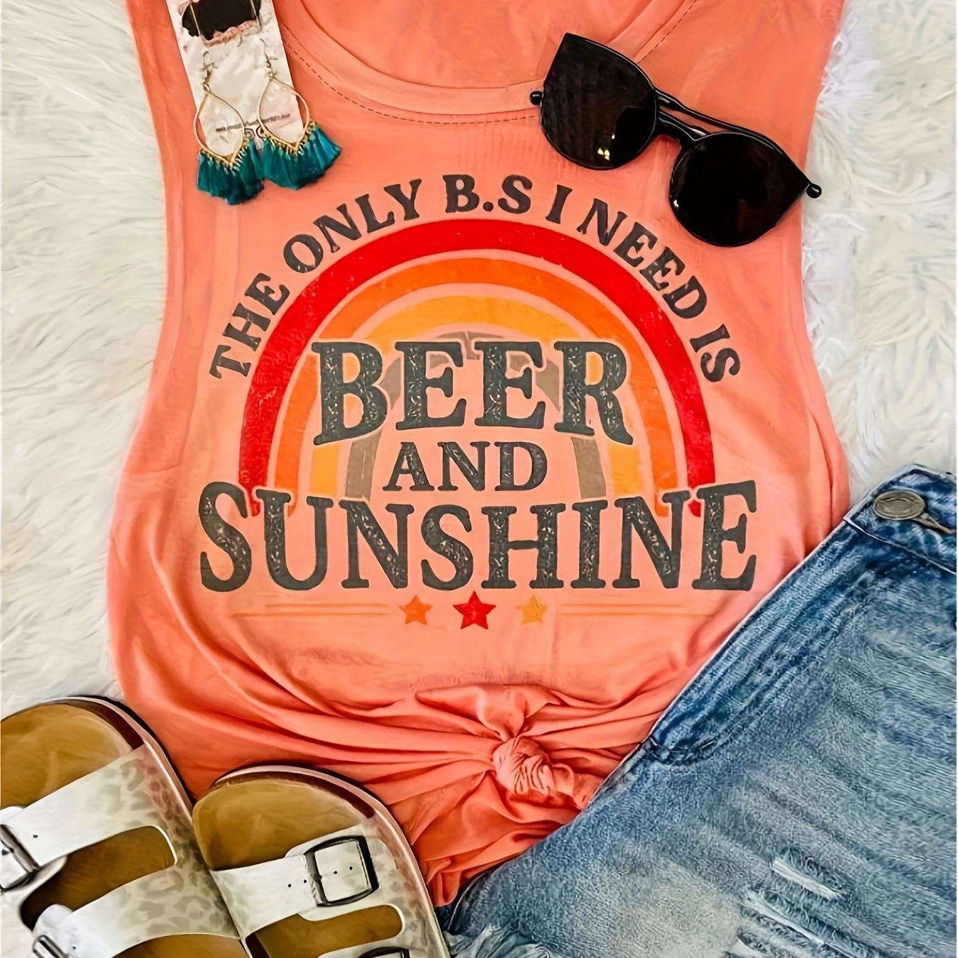 Letter & Rainbow Print Tank Top