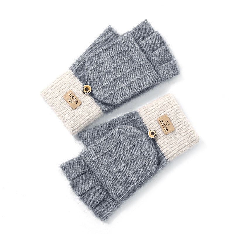 Women's Half Finger Knitted Gloves Winter Touch Screen Cartoon Flip