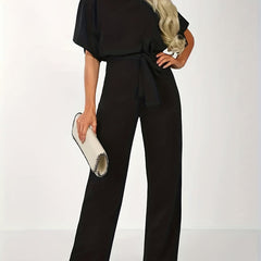 Casual Short Sleeve Wide Leg Jumpsuit with Tie Waist