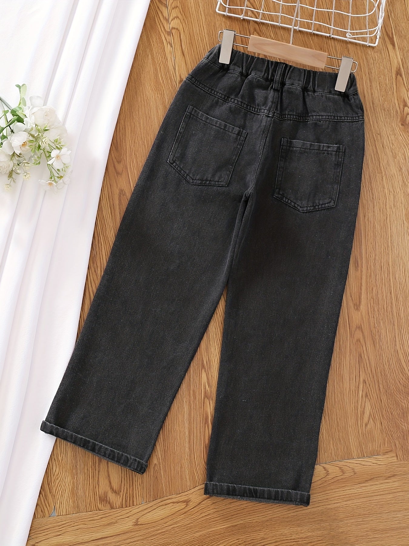 Girls' Graphic Wide Leg Jeans, Elastic Waist Denim Pants