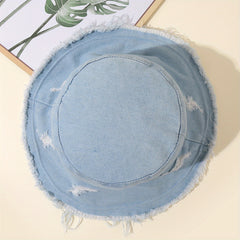 Distressed Ripped Bucket Hat with Frayed Brim for Sunscreen Protection