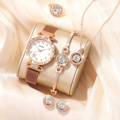 School Student Digital Rhinestone Quartz Wrist Watch & 5pcs Jewelry Set
