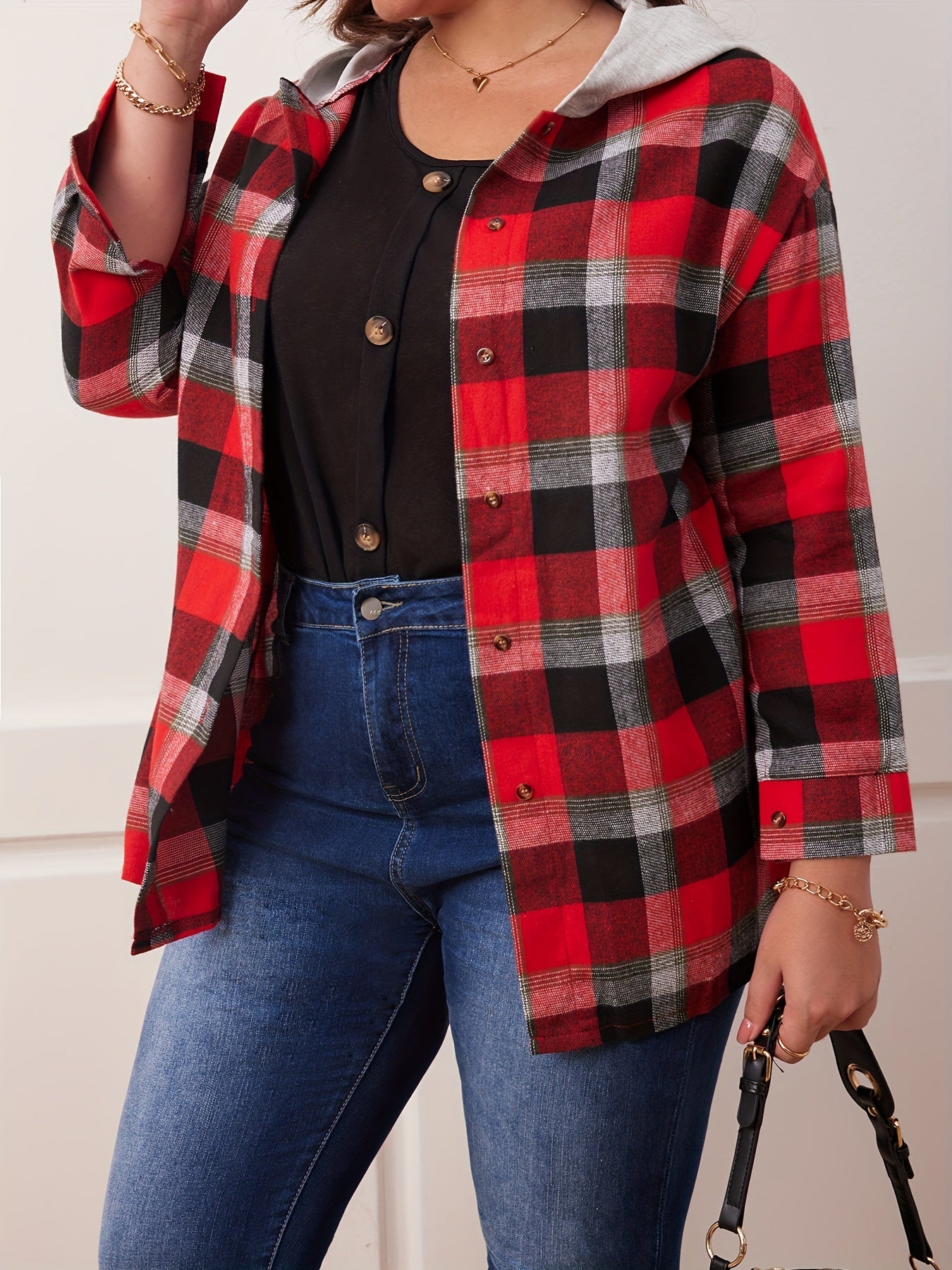 Plaid Print Button Up Sleeve Hoodie Shirt Coat