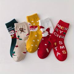 5Pairs Kids Christmas Crew Socks Cotton Blend Cartoon Snowman Design