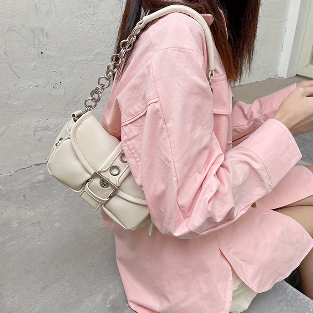 Chain Shoulder Bag Eyelet Buckle Decor Underarm Purse Small Handbags