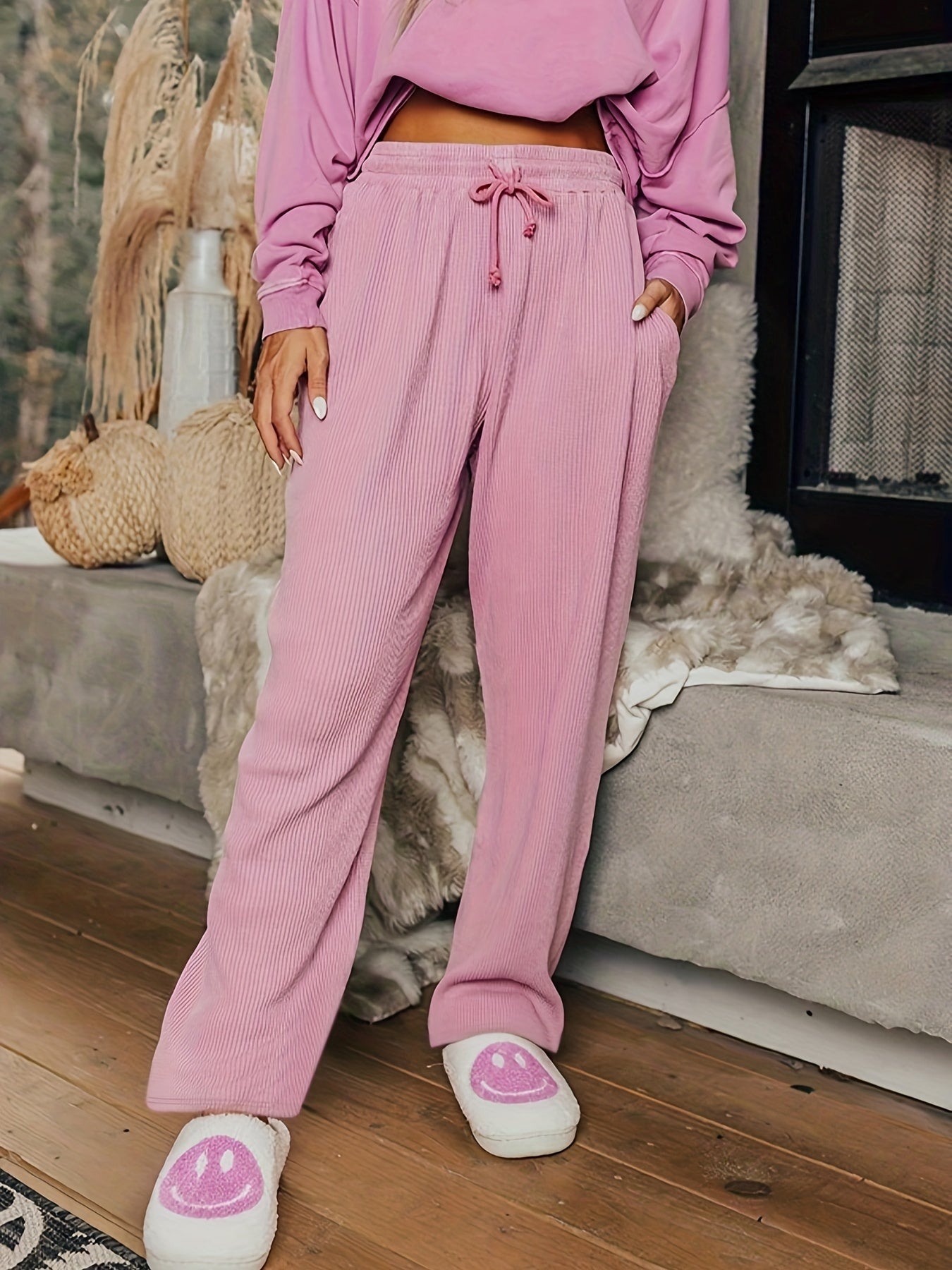 Solid Waffle Wide Leg Trousers