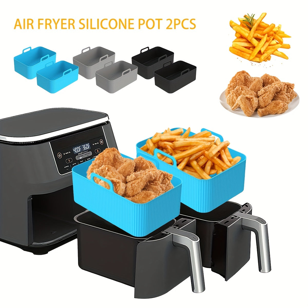 2pcs Silicone Air Fryer Pot w/ Handle Heat Resistant Basket Liner