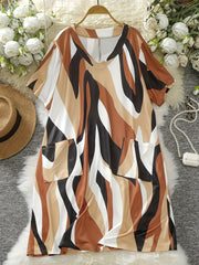 Women's Plus Size Colorblock Stripe Print V Neck Dress With Pockets