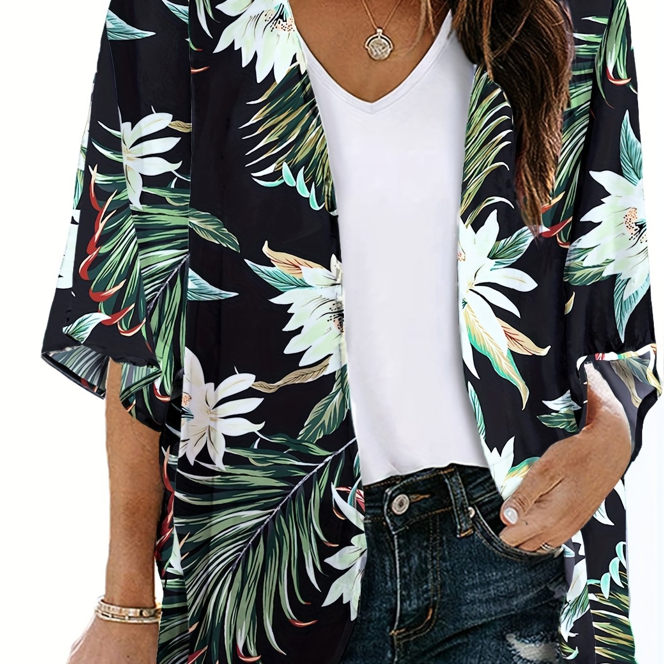 Floral Print Cover Up Shirt V Neck Loose Fit Half Sleeves Beachwear