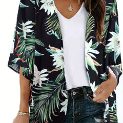 Floral Print Cover Up Shirt V Neck Loose Fit Half Sleeves Beachwear