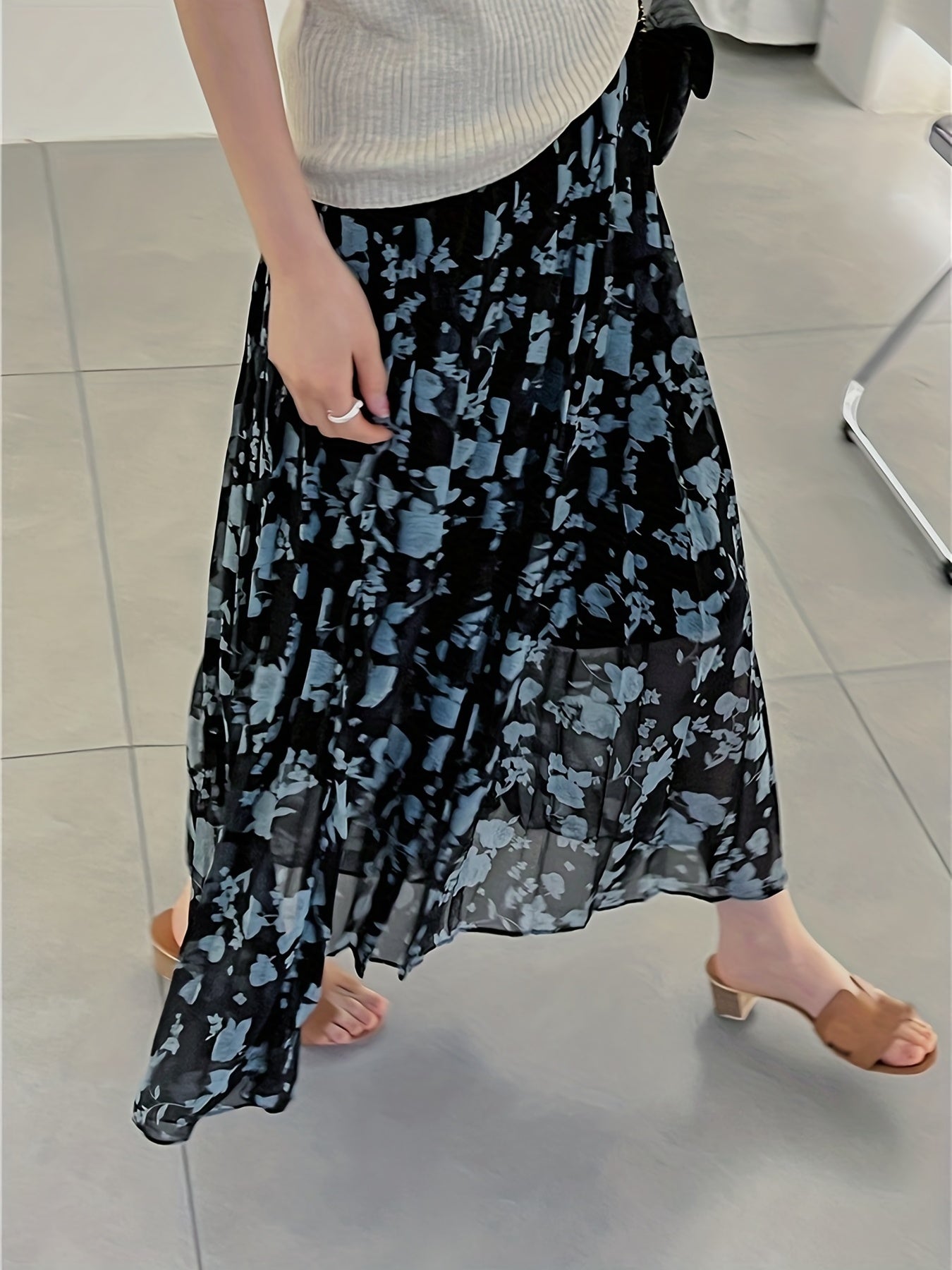 Floral Print Pleated Skirt Elastic Waist Skirt for Spring & Summer