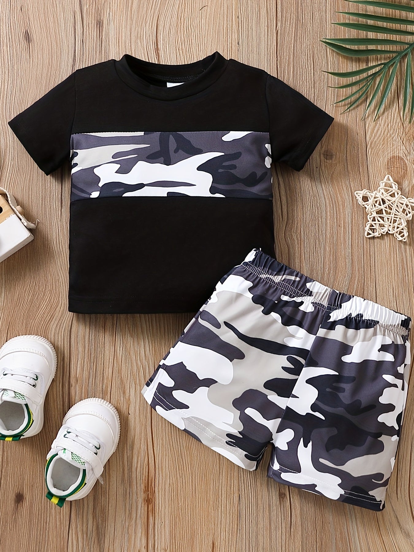 Toddler Boys Block Short Sleeve Top & Shorts Set Camo Print Summer Outfits