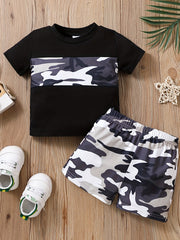 Toddler Boys Block Short Sleeve Top & Shorts Set Camo Print Summer Outfits