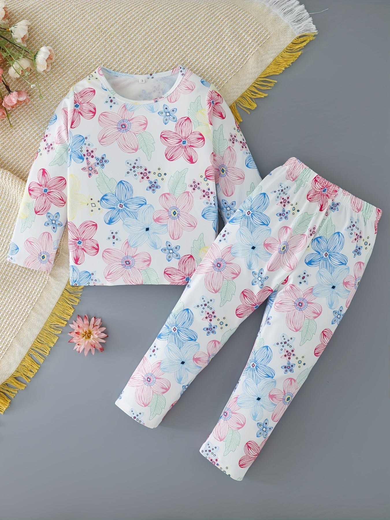 2pcs Toddler Girls Flowers Graphic Pajama Set Long Sleeve Top & Pants Sleepwear