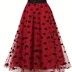 Heart Pattern Mesh A line Skirt High Waist Vintage Style