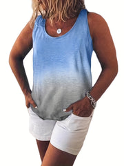 Ombre Print Tank Top Round Neck Stretchy Plus Women's