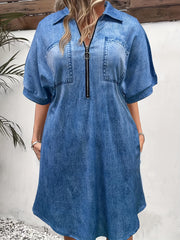Women's Plus Denim Print Zipper Short Sleeve Mini Dress