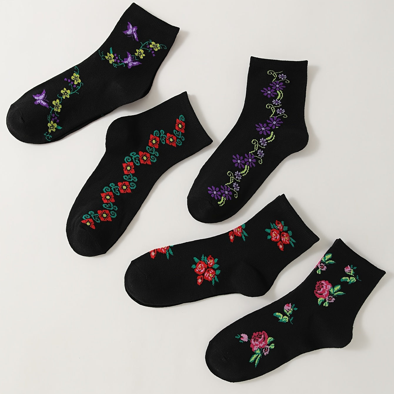 5 Pairs Floral Print Socks Women's Mid Tube Stockings Comfy & Breathable
