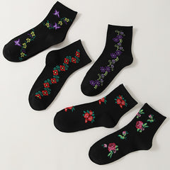 5 Pairs Floral Print Socks Women's Mid Tube Stockings Comfy & Breathable