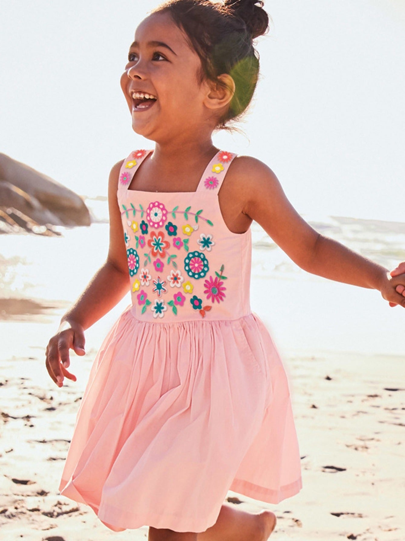 Girls Pink Slip Dress with Floral Embroidery