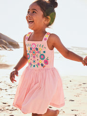 Girls Pink Slip Dress with Floral Embroidery