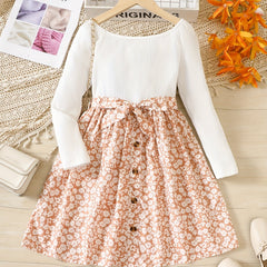 Girls' Ribbed Ditsy Floral Long Sleeve Casual Dress