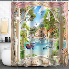 Seaside Courtyard Shower Curtain Summer Vacation Decoration