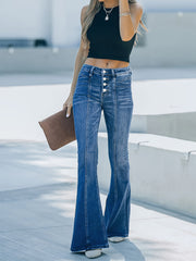 Casual Jeans Women's Plus Washed Pipping Button Fly High Stretch Flare