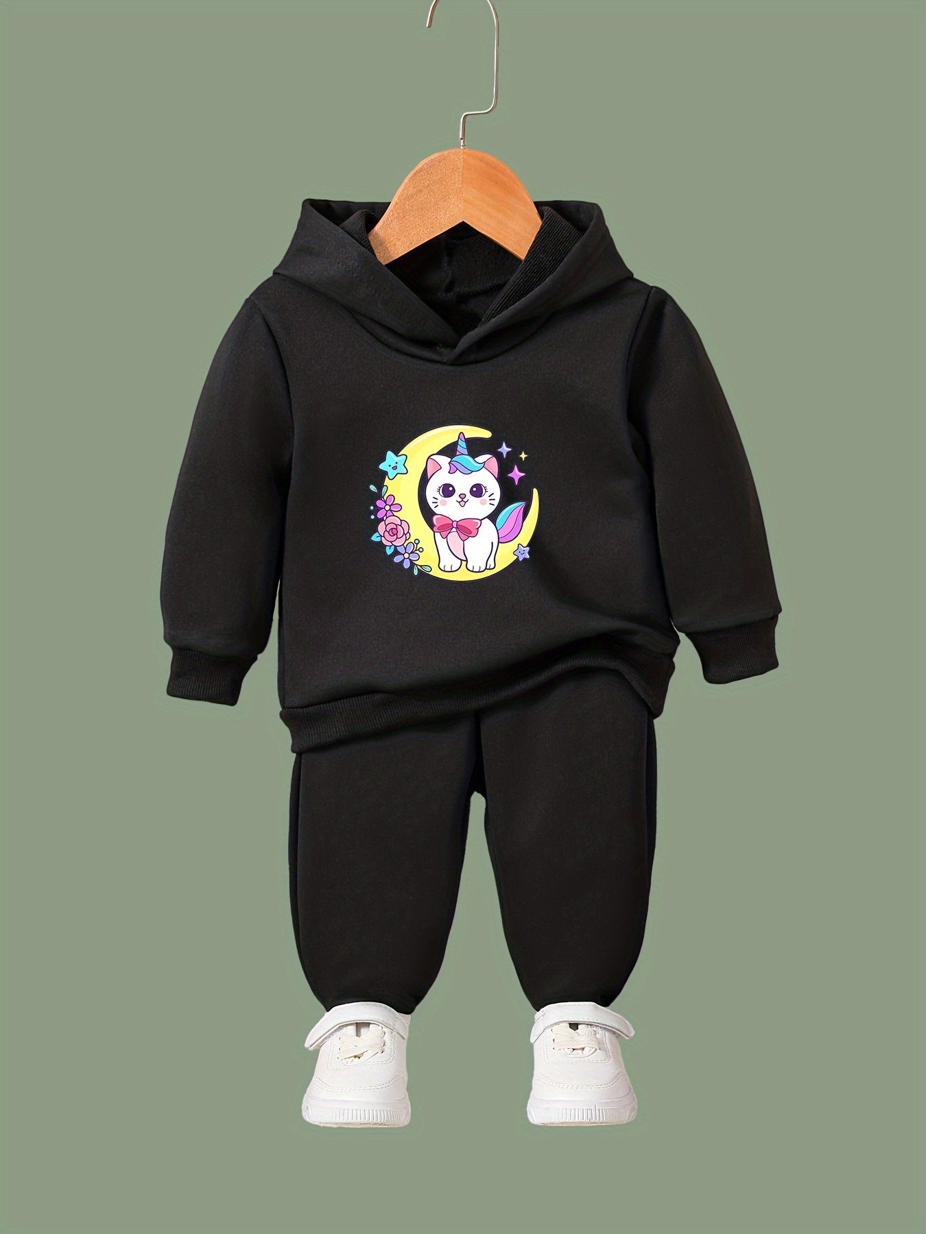 Cat & Moon Print 2pcs Girls Outfits For Sports Spring Fall Outdoor Gift