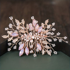 Rose Gold Hair Comb Floral Crystal Leaf Bridal Wedding Headpiece