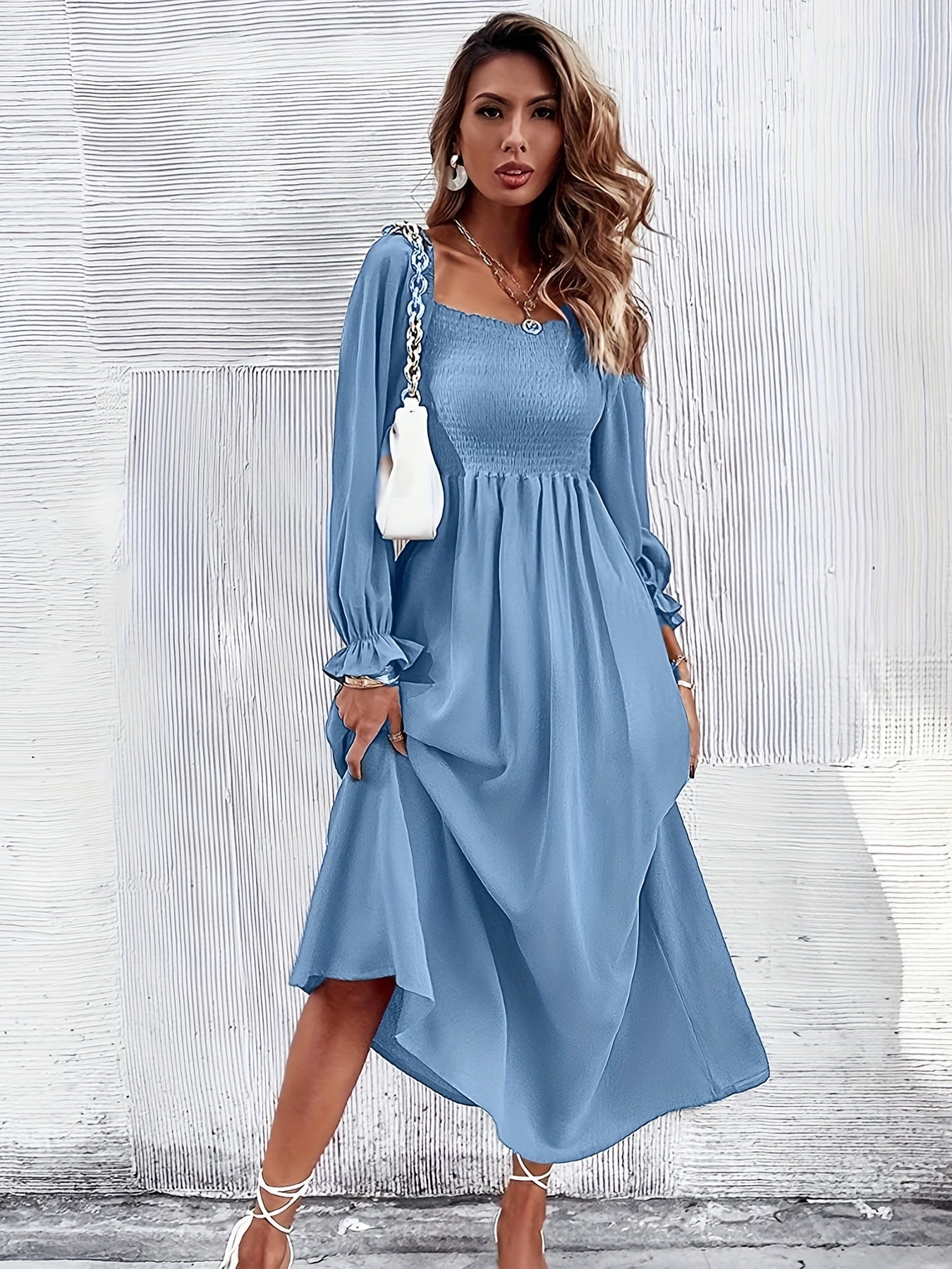 Solid Squared Neck Maxi Dress Ruffle Trim Shirred Long Sleeve