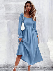 Solid Squared Neck Maxi Dress Ruffle Trim Shirred Long Sleeve