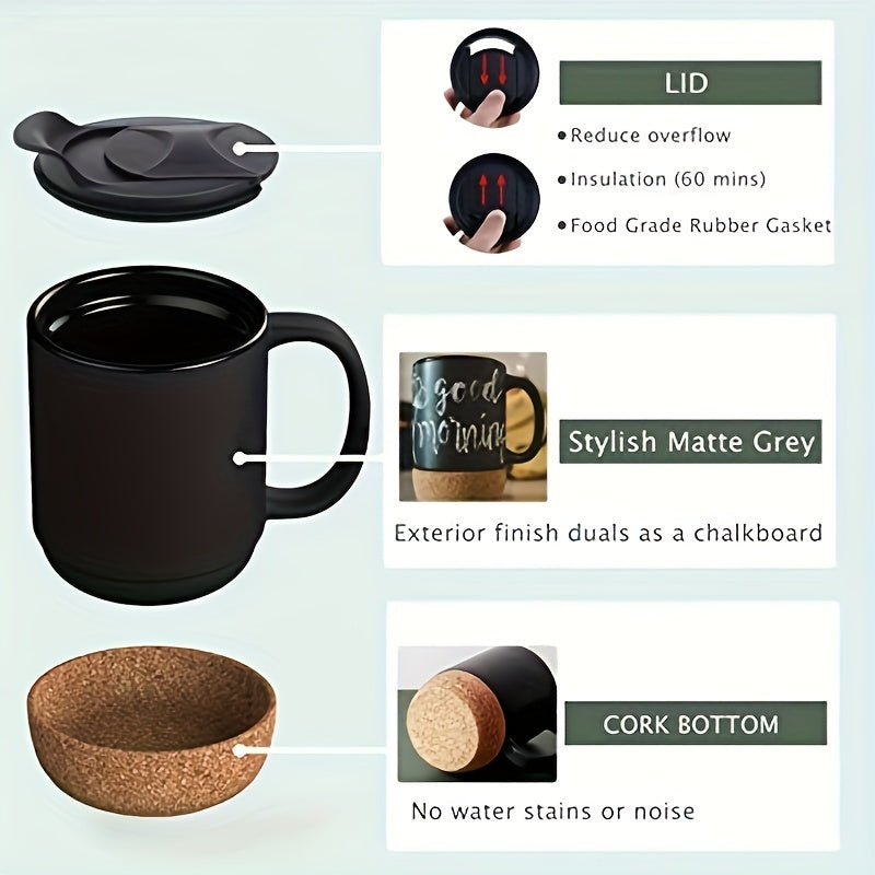 2pcs 15oz Ceramic Coffee Mugs Water Cup Wide Mouth Handle Lid