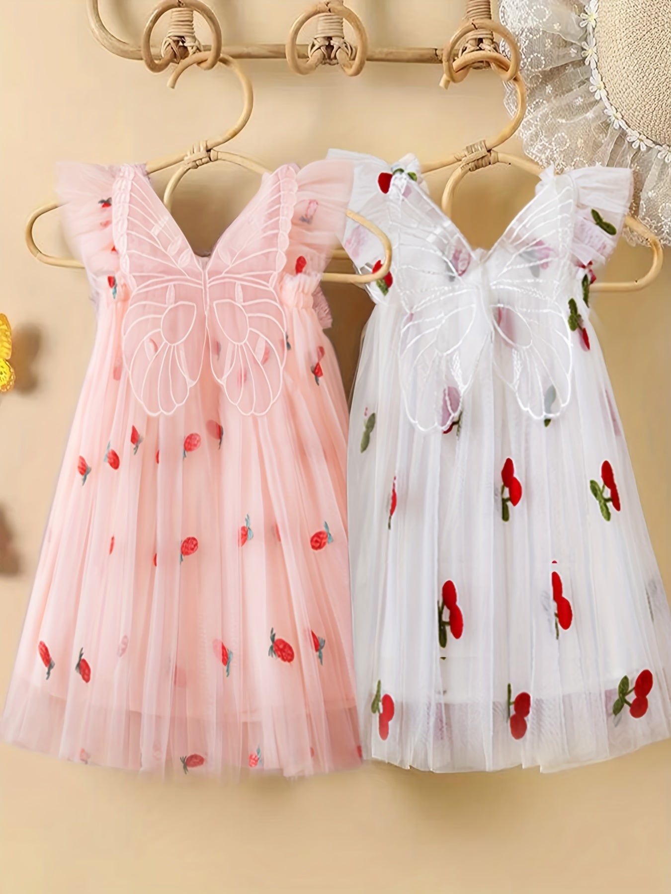 Toddler Girls Cherry Embroidery Mesh Puffy Dress