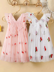 Toddler Girls Cherry Embroidery Mesh Puffy Dress