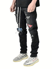 Plaid Ripped Jeans Men s Casual Street Style Distressed Denim Pants