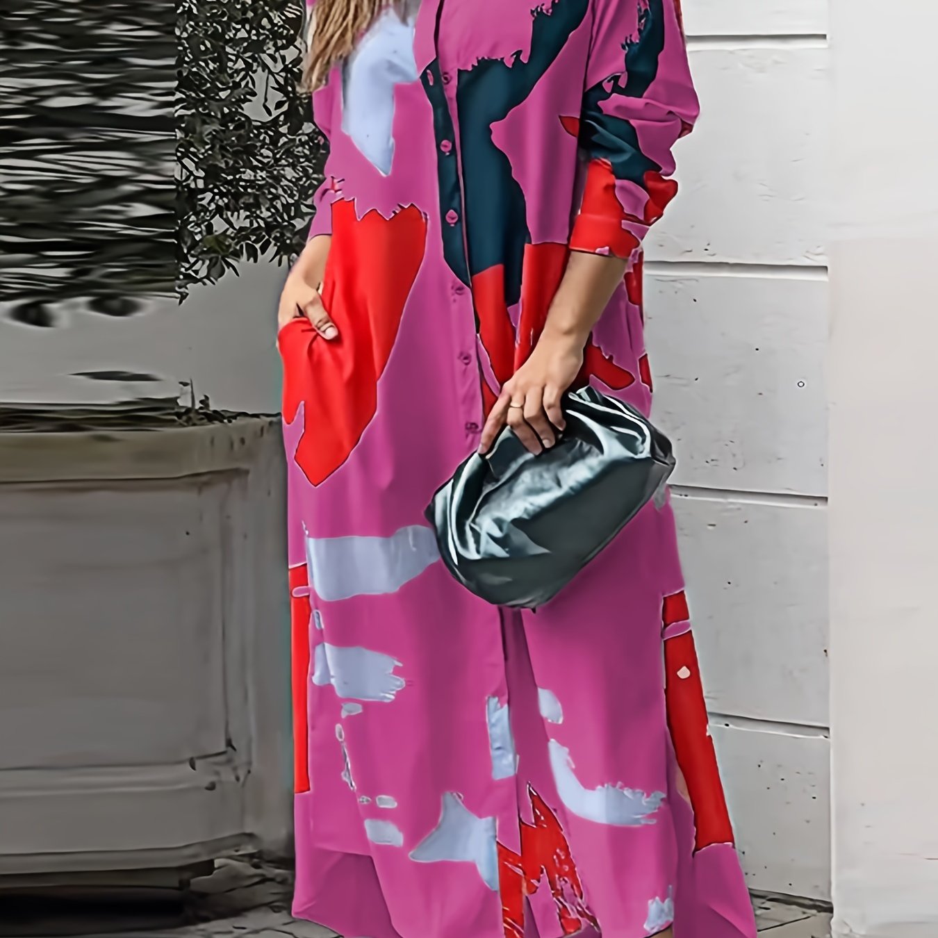Colorblock Button-Up Long Sleeve Maxi Shirt Dress