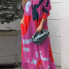 Colorblock Button-Up Long Sleeve Maxi Shirt Dress