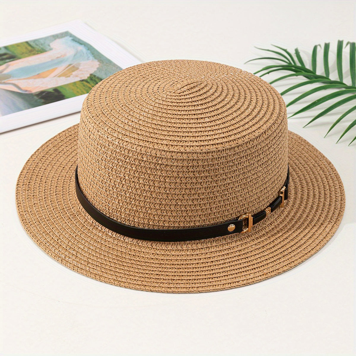 Double Link Chain Belt Flat Top Straw Hat Outdoor Sunshade Travel Hat