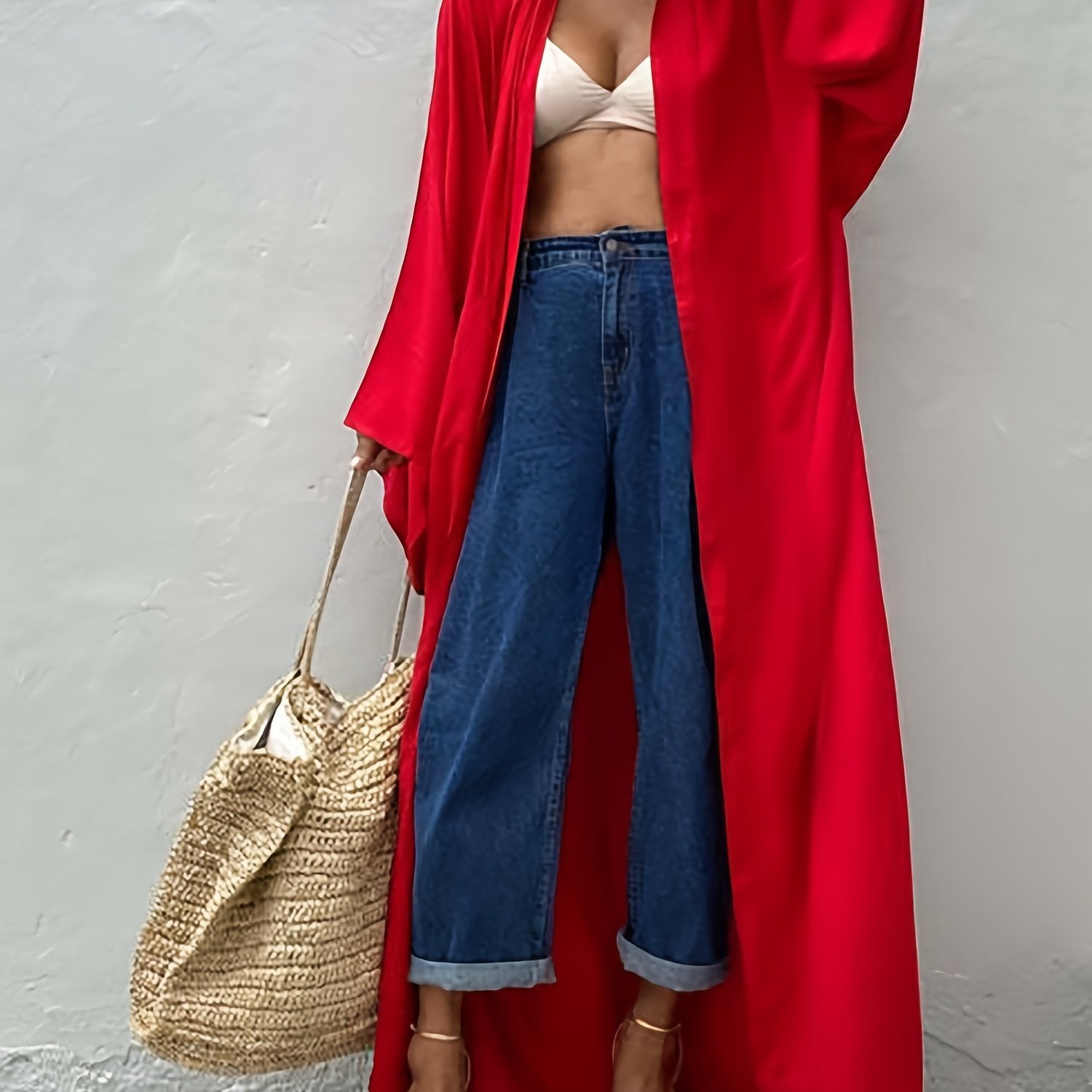 Solid Long Sleeve Belted Kimono Cover Up