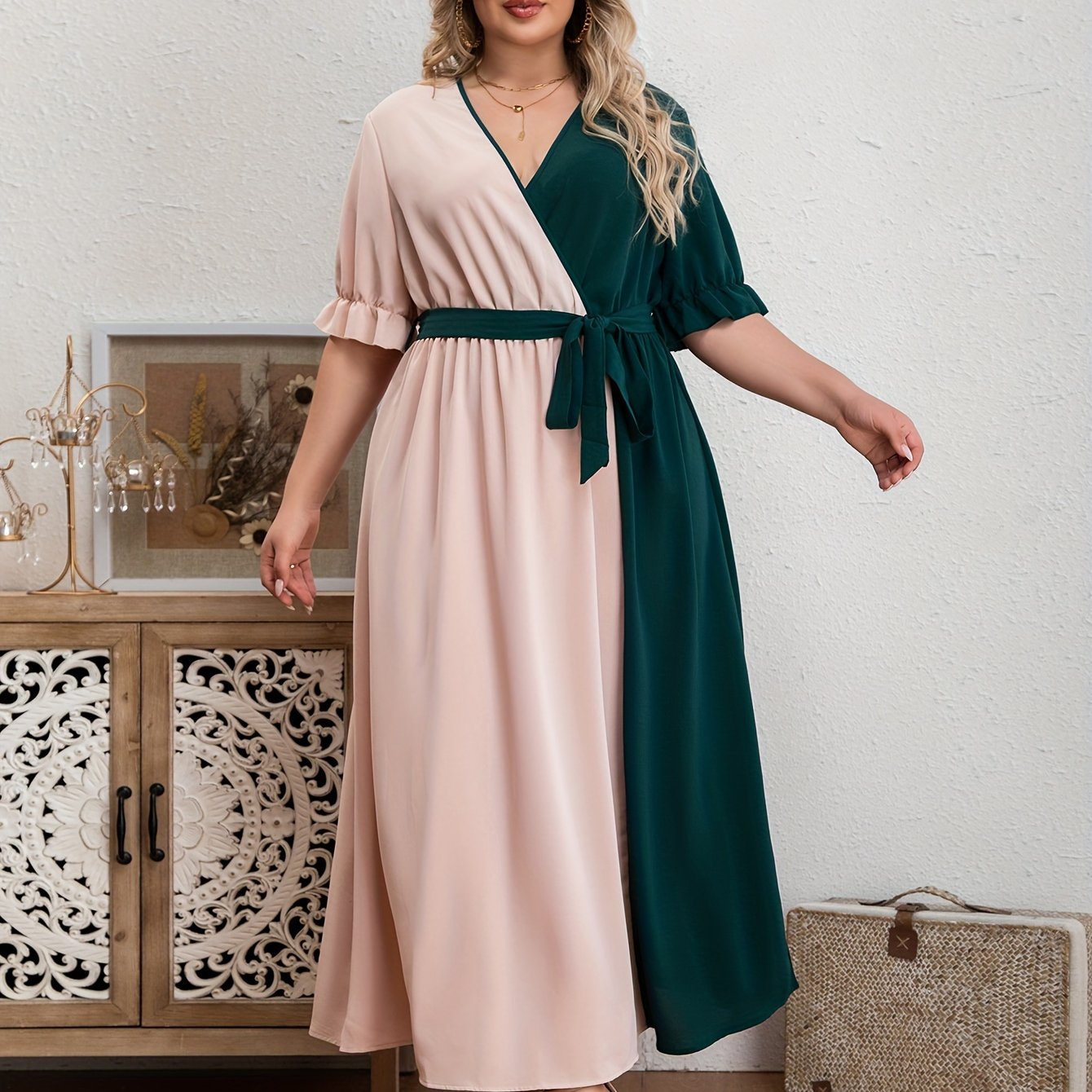 Colorblock Puff Sleeve Maxi Dress With Belt