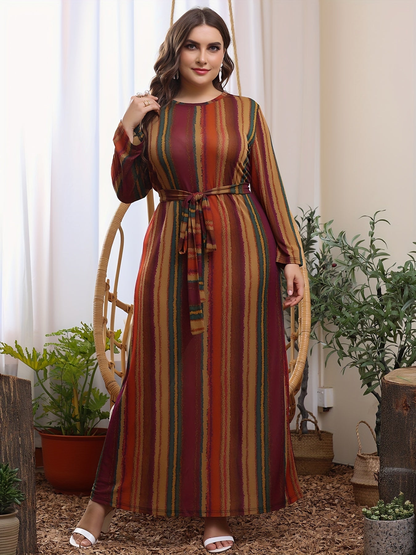 Colorblock Stripe Maxi Dress with Belt