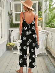 Leaf Print Wide Leg Spaghetti Jumpsuit Boho Sleeveless Backless Jumpsuit