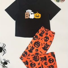 Halloween Gothic Pajama Set Women's Pumpkin & Ghost Print Tee & Pants