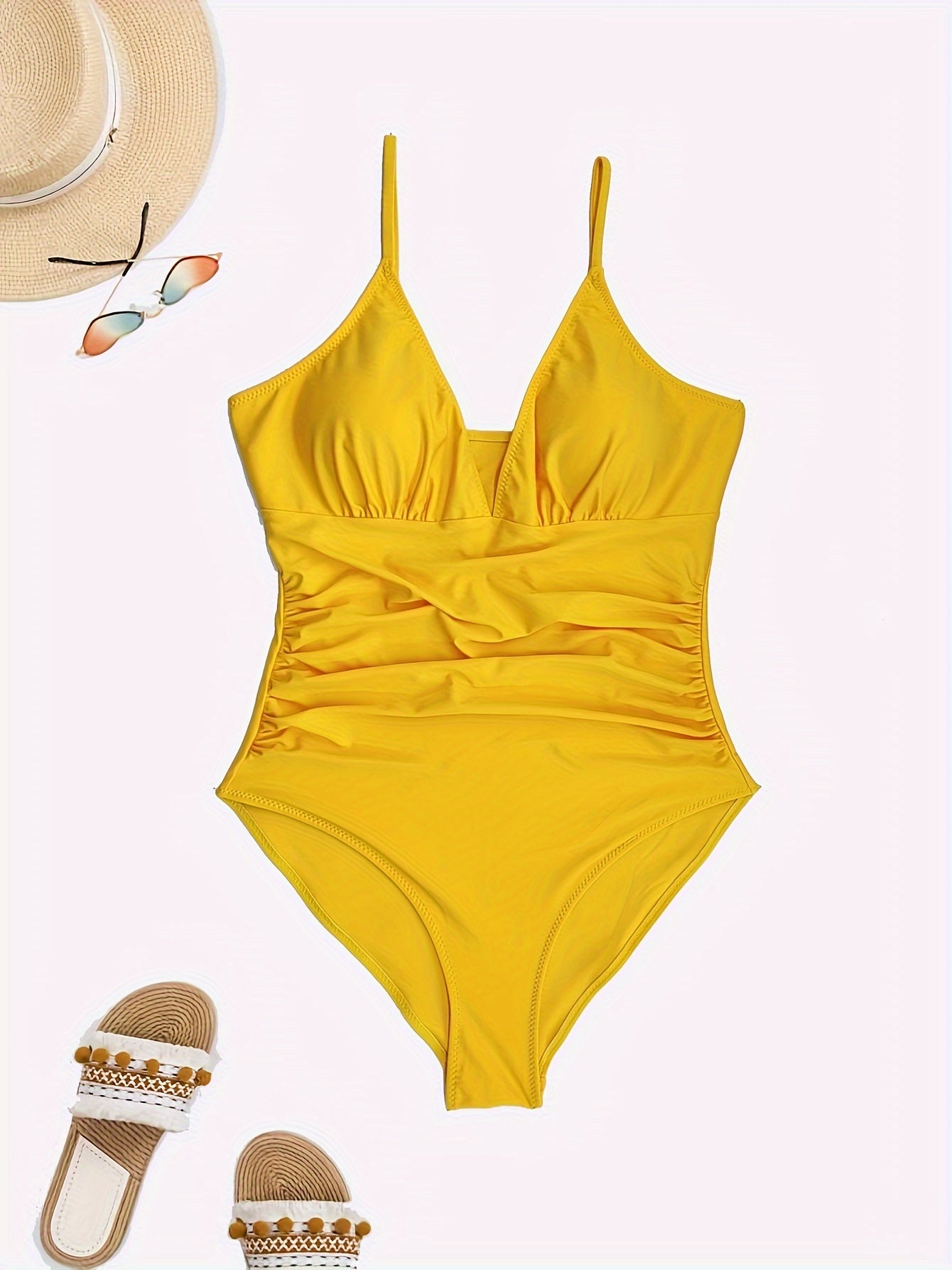 Deep V Neck Ruched One Piece Swimsuit