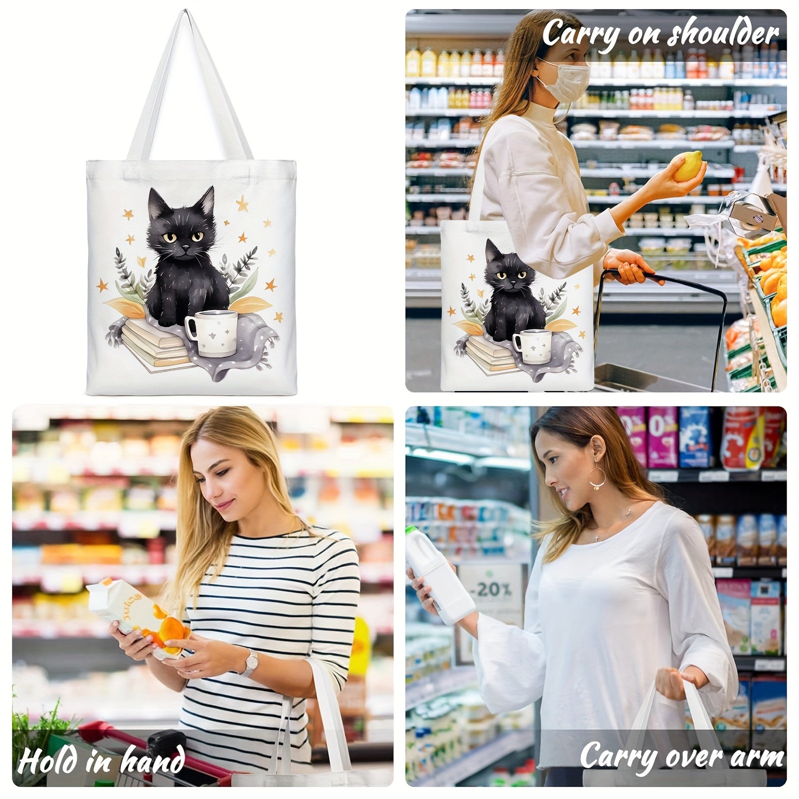 Cat Reading Pattern Canvas Tote Bag Women's Portable Anime Shoulder Bag